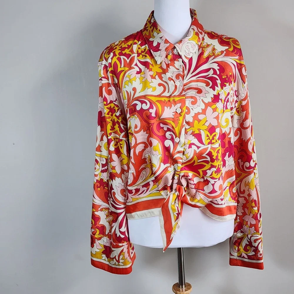 Zara Tie Front Blouse Womens XL Psychedelic Retro Floral Boho Festival Orange - Picture 1 of 14